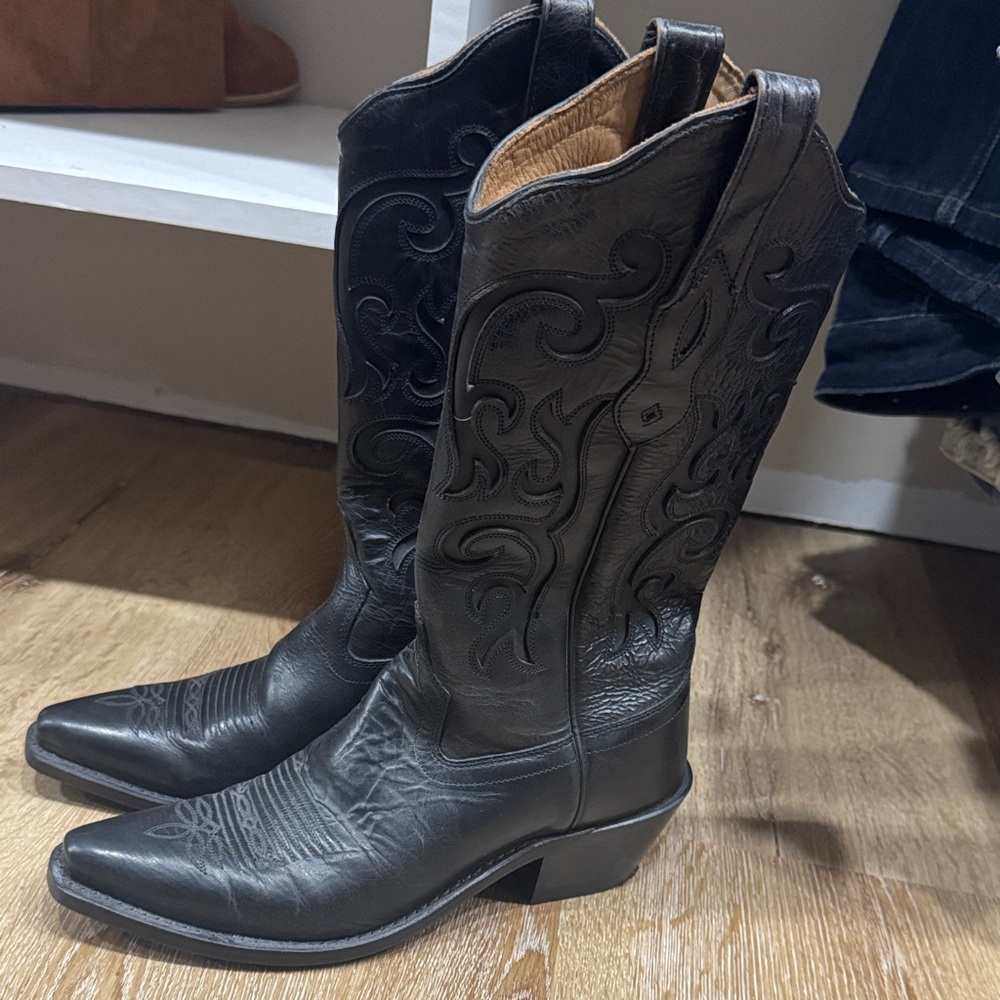 Old West Black Leather Western Cowboy Boots